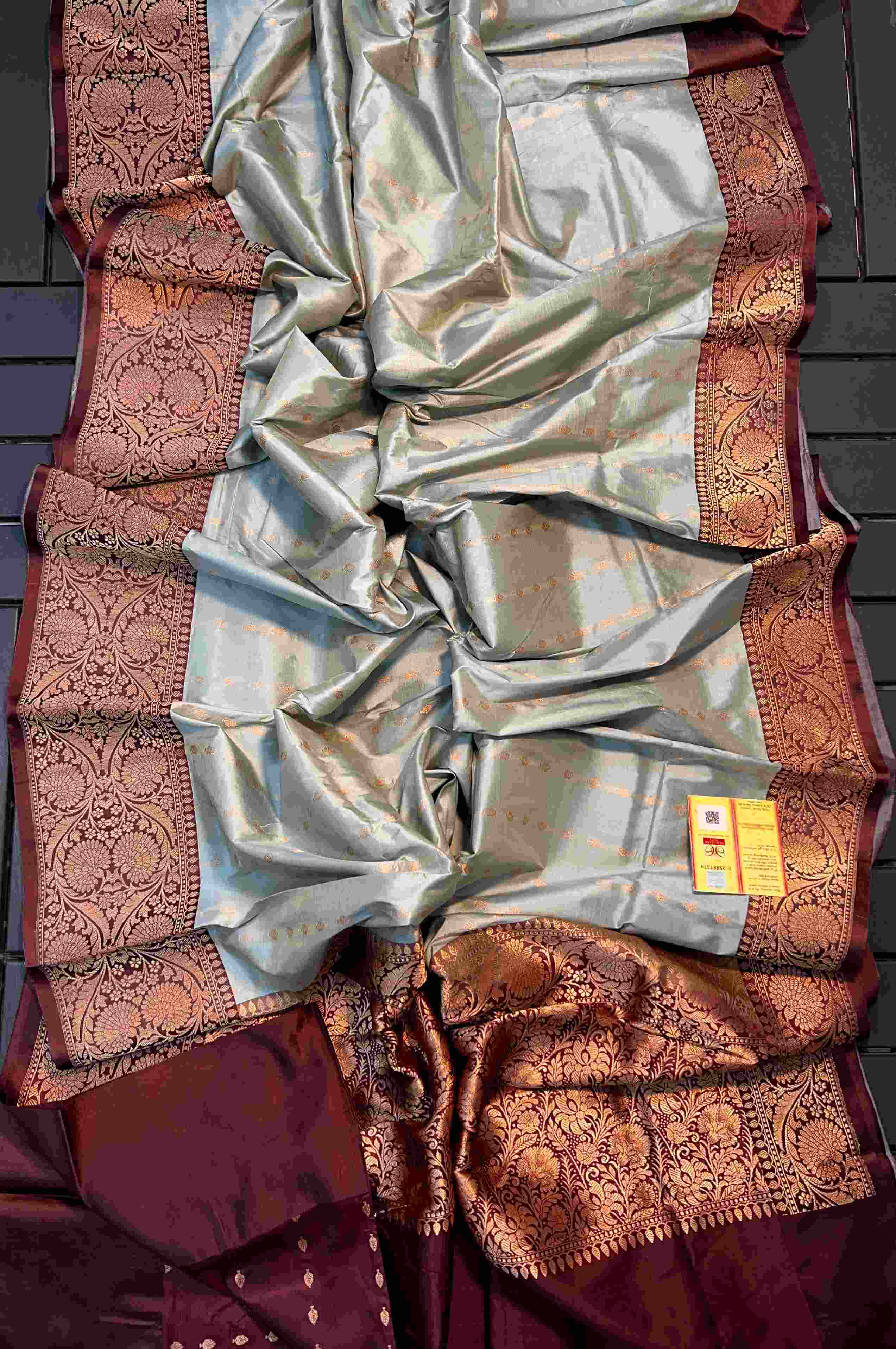 Grey & Wine Banarasi Handloom Pure Katan Silk Saree